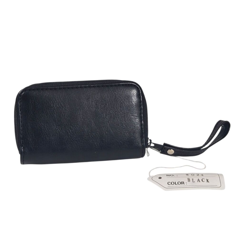 Black Faux Leather Double Zipper Wallet PVC Multi Pocket Clutch New